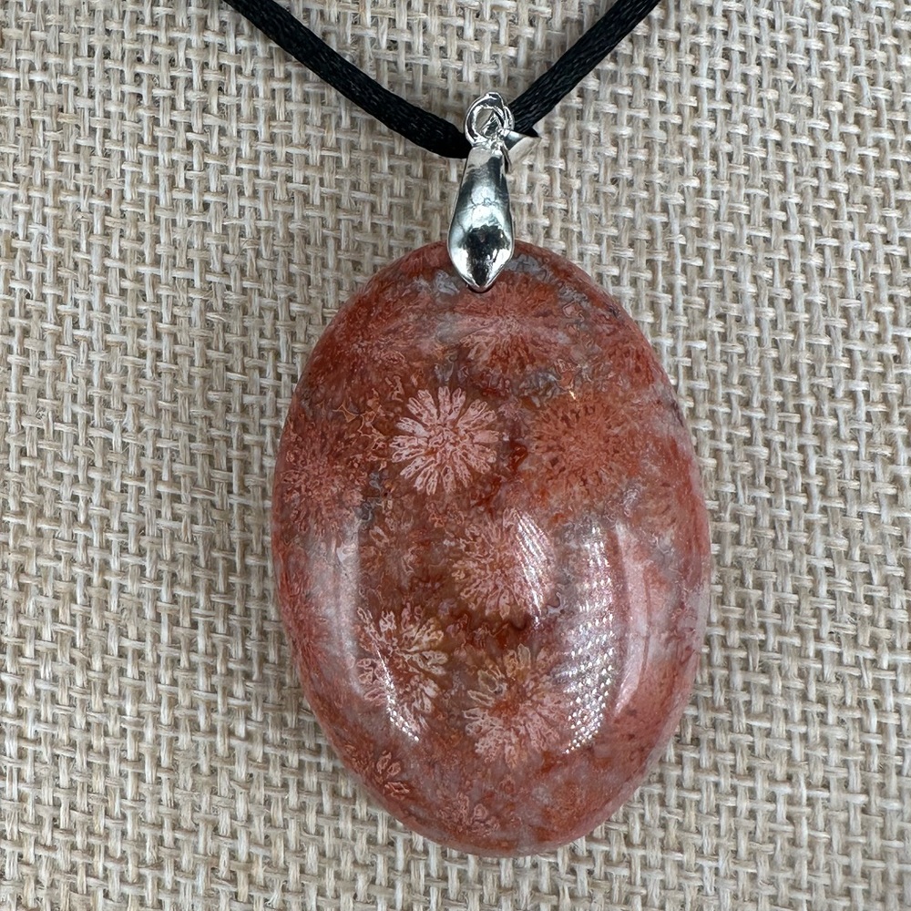 Orange and Pink/Lavender Coral Fossil Oval Pendant on Black Satin Rope - Picture 9 of 12